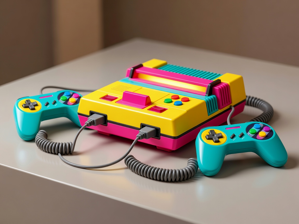 Värikäs retro-pelikonsoli ja ohjaimet